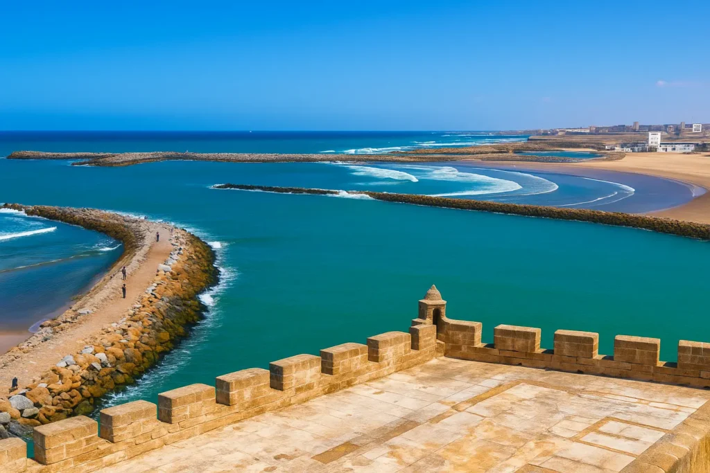 View of the ocean and breakwaters at the mouth of the Bou Regreg River in Rabat, Morocco – AI-generated image