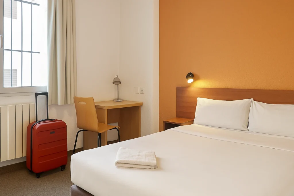 Interior of a budget-friendly hotel room in Rabat with natural light, white linens, and minimalist decor