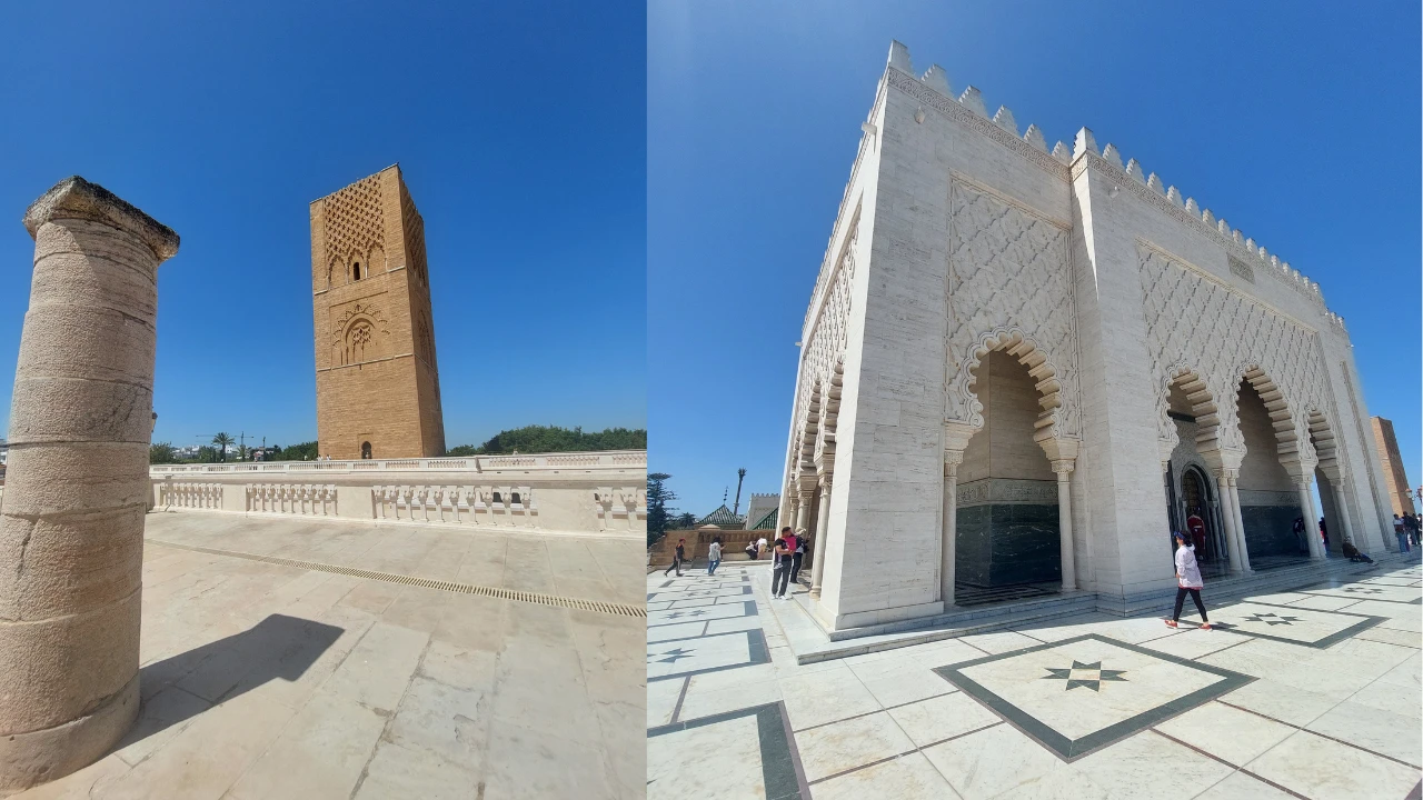 Hassan Tower and the Mausoleum of Mohammed V in Rabat under a clear blue sky