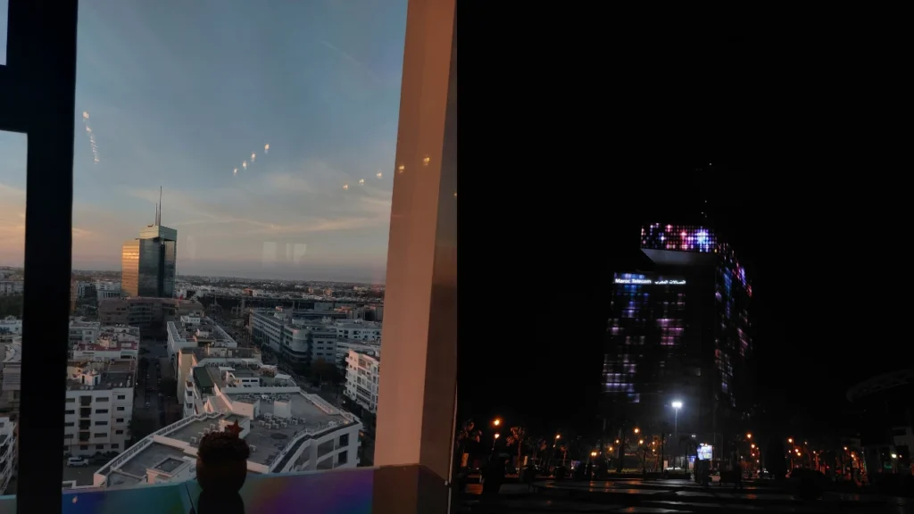 Panoramic view of Hay Riad and Maroc Telecom Tower taken from inside The View Hotel Rabat