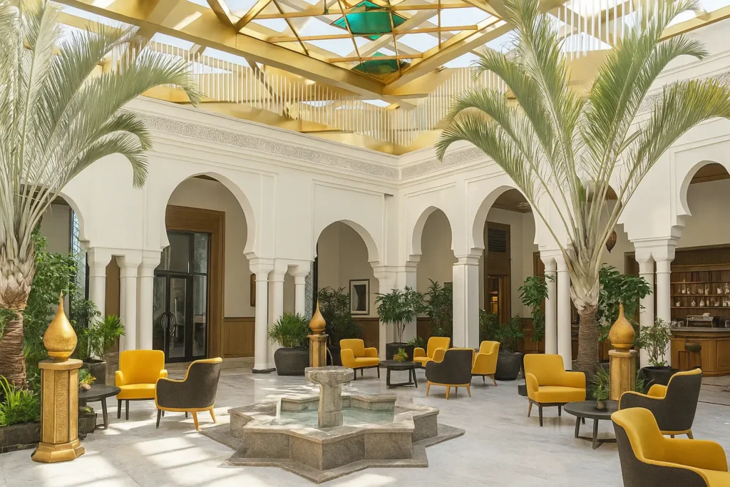 Luxury hotel atrium in Rabat with Moorish arches, palm trees, and a central fountain – inspired by Four Seasons Rabat At Kasr Al Bahr