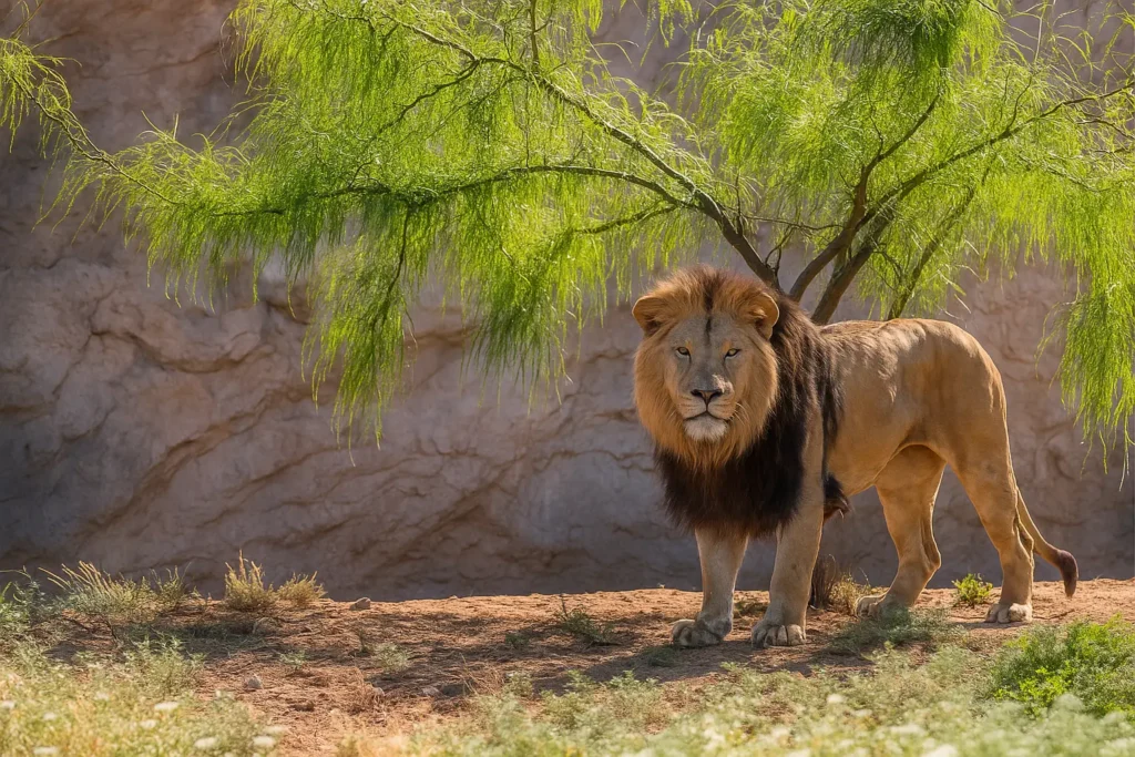 Lion standing under a tree at Rabat Zoo, inspired by a real scene