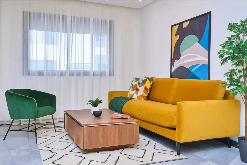 Stylish apartment living room in Agdal Rabat inspired by StayHere design, with yellow sofa and green velvet chair