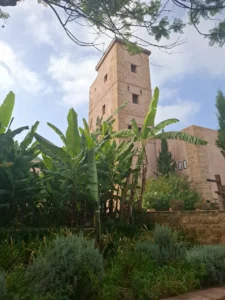 The ancient fortified tower of the Kasbah of the Udayas seen from the peaceful Andalusian Gardens, a must-visit UNESCO site in Rabat, Morocco.