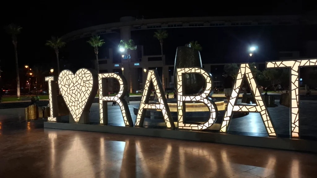 Illuminated "I Love Rabat" sign at Mahaj Riad in Hay Riad at night