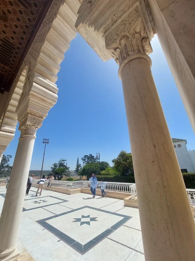 Mausoleum Mohammed V in Rabat with white columns and blue sky