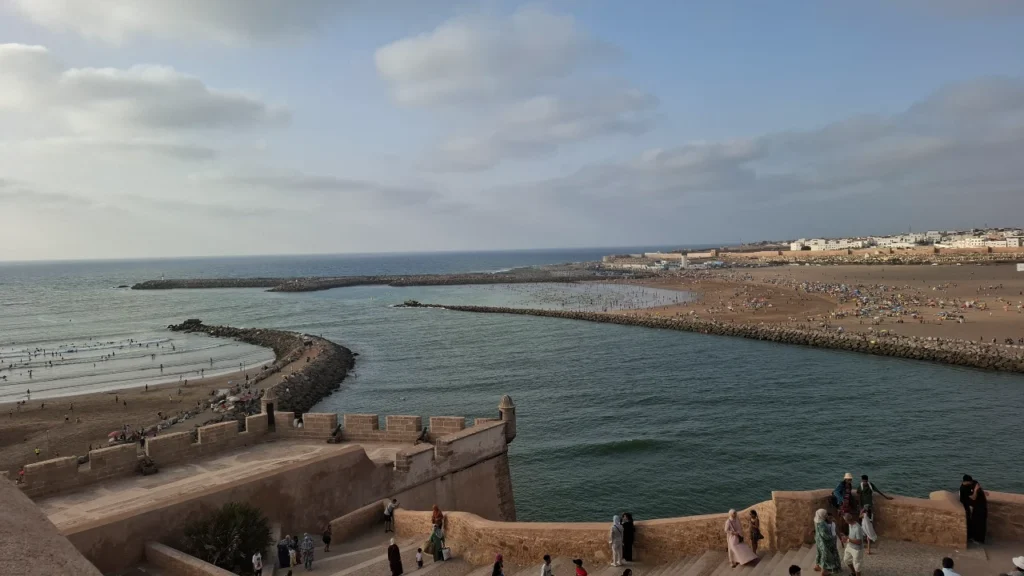 Panoramic view of Rabat Beach and Salé Beach separated by the Bouregreg estuary, seen from the Kasbah of the Oudayas ramparts — Rabat, Morocco